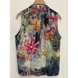 Floral Print Sleeveless Blouse, Casual Crew Neck Button Front Blouse, Women's Clothing