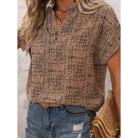 All Over Print Notch Neck Blouse, Casual Short Sleeve Blouse For Spring & Summer, Women's Clothing