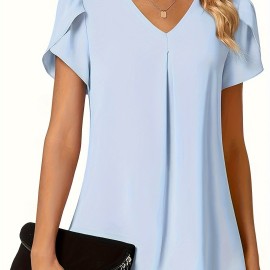 Solid V-neck Petal Sleeve Blouse, Versatile Simple Blouse For Spring & Summer, Women's Clothing