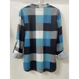 Casual Plaid Shirt, Long Sleeve V-neck Shirt,  Casual Every Day Tops, Women's Clothing