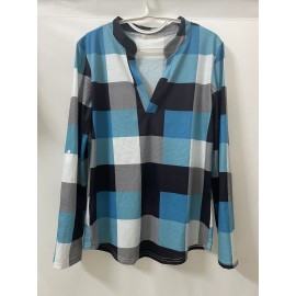 Casual Plaid Shirt, Long Sleeve V-neck Shirt,  Casual Every Day Tops, Women's Clothing