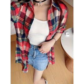 Plaid Pattern Button Front Shirt, Casual Long Sleeve Lapel Collar Shirt, Women's Clothing