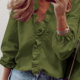 Ruffled Trim V Neck Shirt, Elegant Loose Long Sleeve Shirt, Women's Clothing