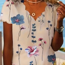 Floral Print Scallop Trim Blouse, Casual Short Sleeve V Neck Blouse For Spring & Summer, Women's Clothing
