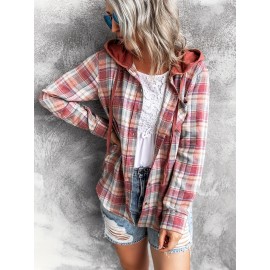 Hooded Plaid Print Blouse, Casual Button Front Drawstring Long Sleeve Blouse, Women's Clothing