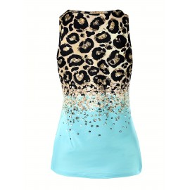 Leopard Print Notched Neck Tank Top, Casual Summer Sleeveless Top, Women's Clothing
