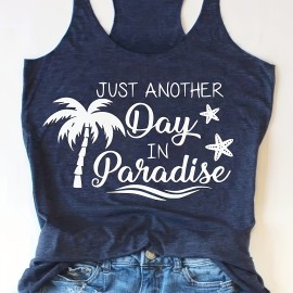 Coconut Tree & Letter Print Tank Top, Sleeveless Crew Neck Tank Top, Casual Every Day Tops, Women's Clothing