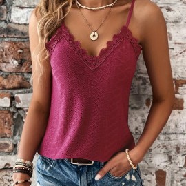 Eyelet Contrast Lace Cami Top, Casual V-neck Spaghetti Strap Top For Summer, Women's Clothing