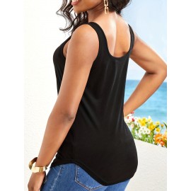 Solid Ruched Keyhole Tank Top, Casual Slim Summer Sleeveless Top, Women's Clothing