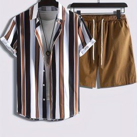 2pcs Men's Stripe Pattern Color Block Short Sleeve Button Shirt & Loose Shorts, Men's Casual Outfit For Summer Vacation