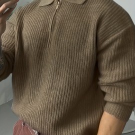 Retro Knitted Cable Sweater, Men's Casual Warm Slightly Stretch LapelPullover Sweater For Men Fall Winter