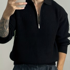 Retro Knitted Cable Sweater, Men's Casual Warm Slightly Stretch LapelPullover Sweater For Men Fall Winter