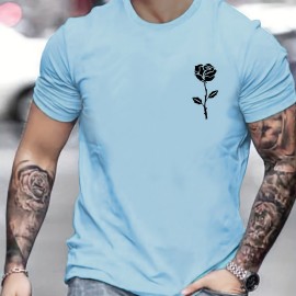 Rose Print, Men's Graphic Design Crew Neck Active T-shirt, Casual Comfy Tees Tshirts For Summer, Men's Clothing Tops For Daily Gym Workout Running