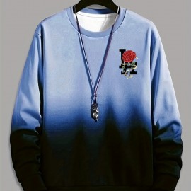 Ombre Trendy Sweatshirt, Men's Casual Retro Rose Graphic Design Slightly Stretch Crew Neck Pullover Sweatshirt For Autumn Winter