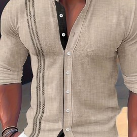 Men's Stylish Color Matching Shirt, Casual Breathable Stand Collar Button Up Long Sleeve Shirt Top For City Walk Street Hanging Outdoor Activities