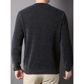 Men's Stylish Solid Knitted Pullover, Casual High Stretch Breathable Long Sleeve Crew Neck Top For City Walk Street Hanging Outdoor Activities