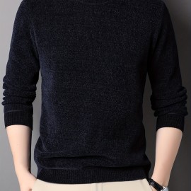 Men's Stylish Solid Knitted Pullover, Casual High Stretch Breathable Long Sleeve Crew Neck Top For City Walk Street Hanging Outdoor Activities