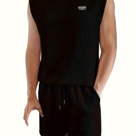 Men's 2 Piece Outfits,  Waffle Pattern , Casual Graphic Tanktop And Loose Drawstring Shorts Set, Men's Clothing