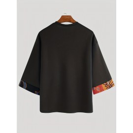 Men's Loose Vintage Ethnic Pattern Floral Printed Crew Neck T-shirt Casual Tee 3/4 Sleeve Summer Beach Tops Chinese Vintage Streetwear