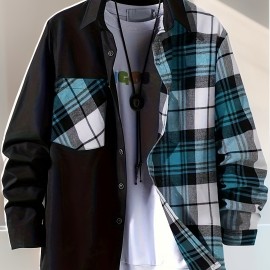 Plaid Pattern Men's Casual Thin Long Sleeve Color Block Button Up Shirt With Chest Pocket, Male Clothes For Summer Spring And Fall