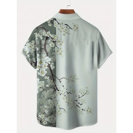 Floral Sakura Print Men's Casual Short Sleeve Shirt With Chest Pocket, Men's Shirt For Summer Vacation Resort, Tops For Men