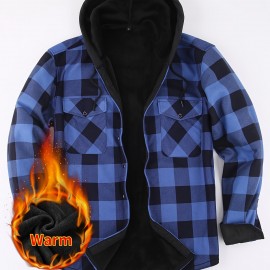 Plaid Pattern Men's Casual Thick Long Sleeve Hooded Shirt With Pockets, Men's Button Up Shirt For Fall Winter