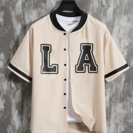 Stylish Letter Print Men's Casual Short Sleeve Shirt, Men's Baseball Jersey For Summer Vacation Resort, Tops For Men, Gift For Men